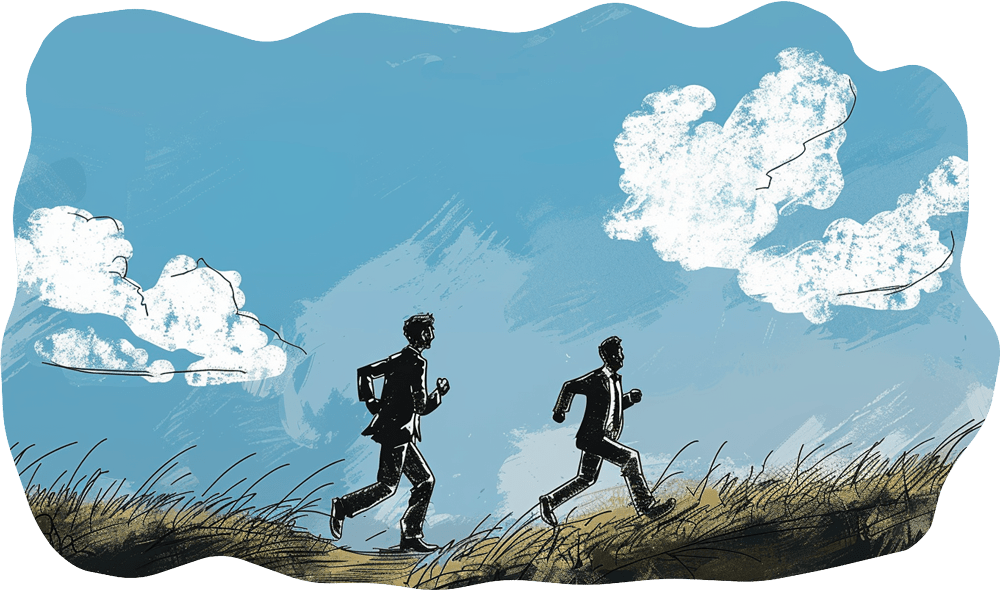 Two business men running on a trail during a sunny day